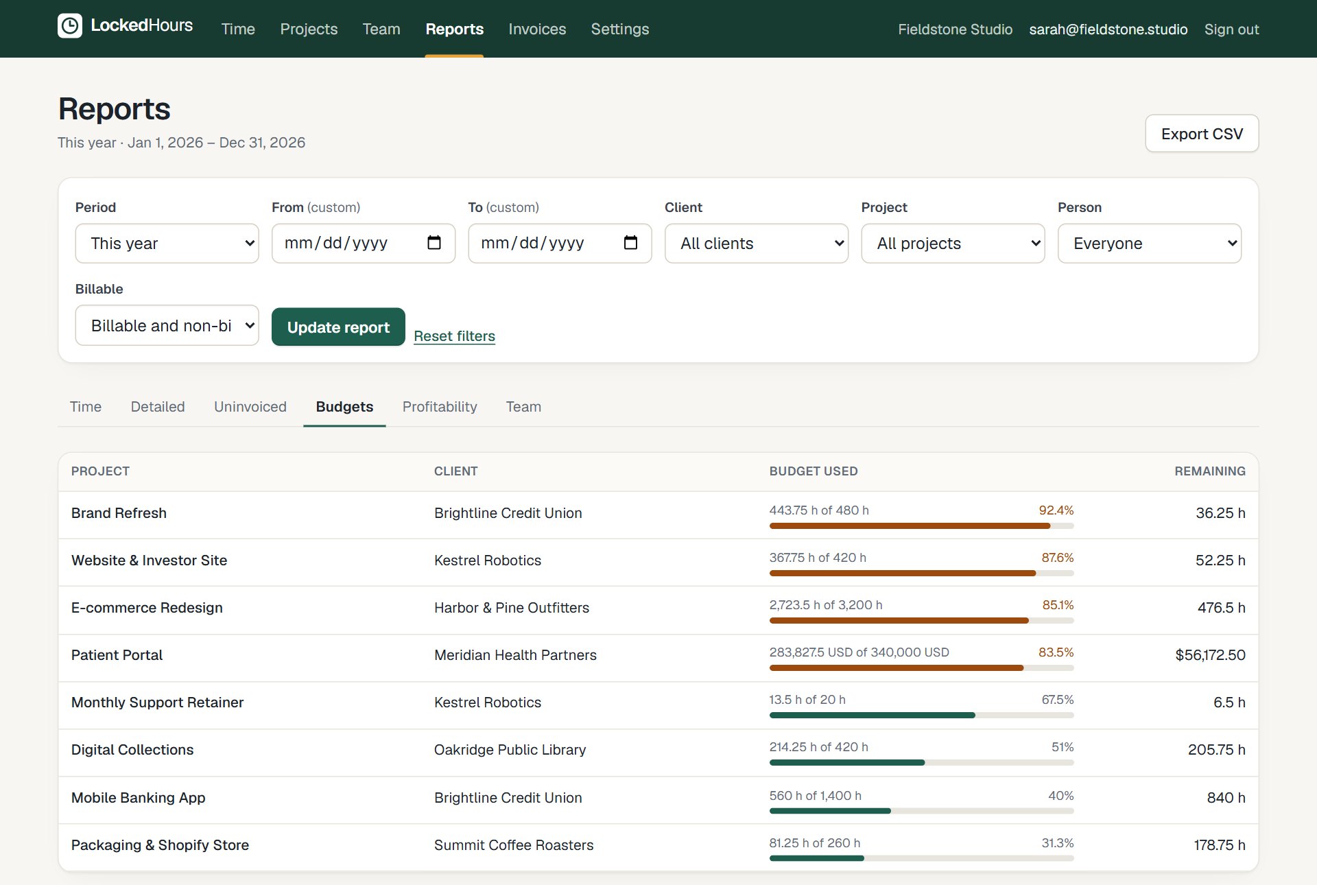 Budget report with spent, remaining and percent per project