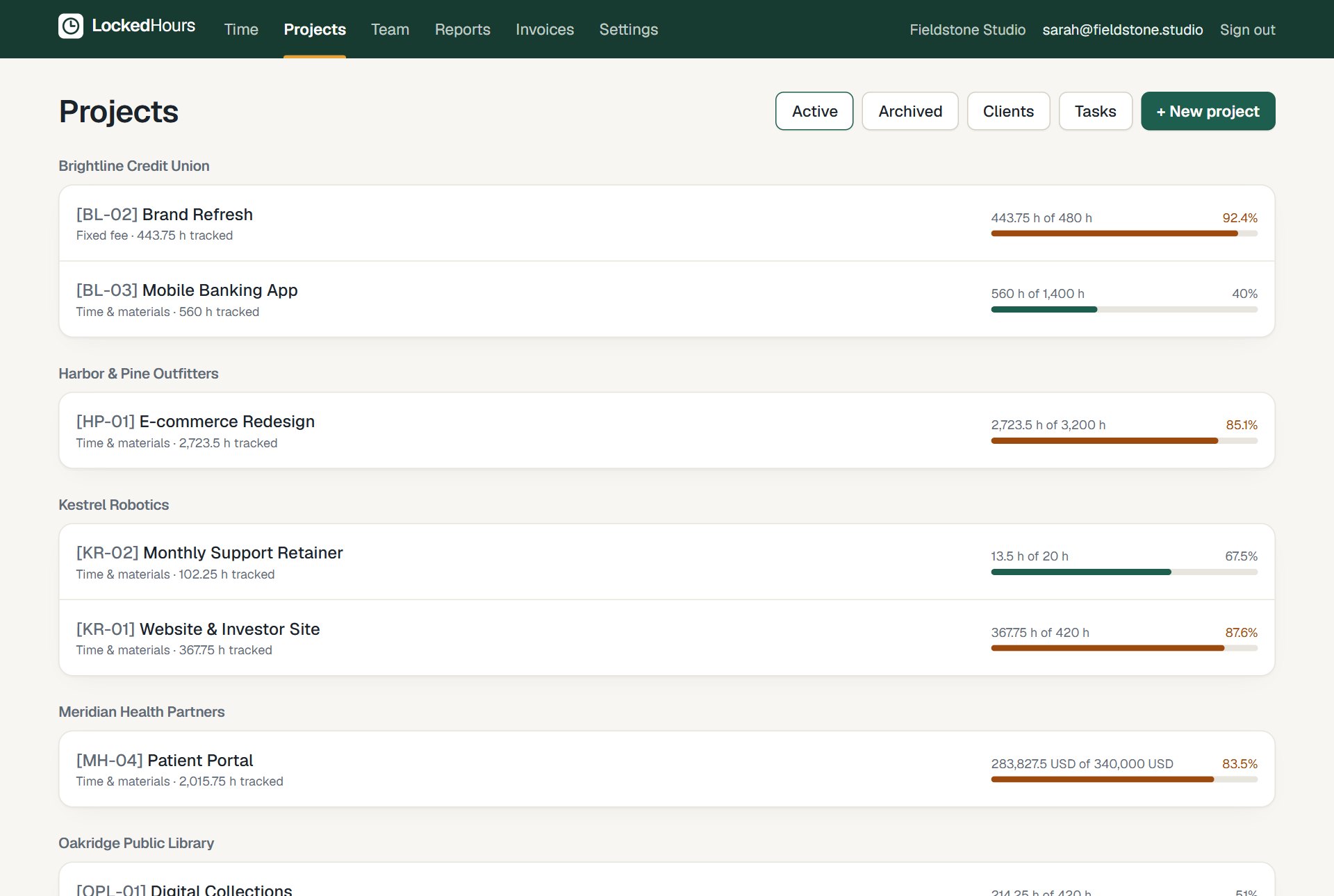 Projects list with a budget bar for each project