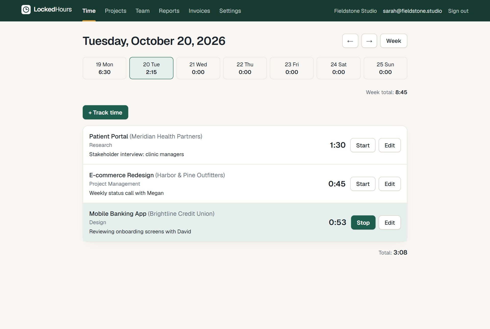 The day view: today's time entries with a timer running