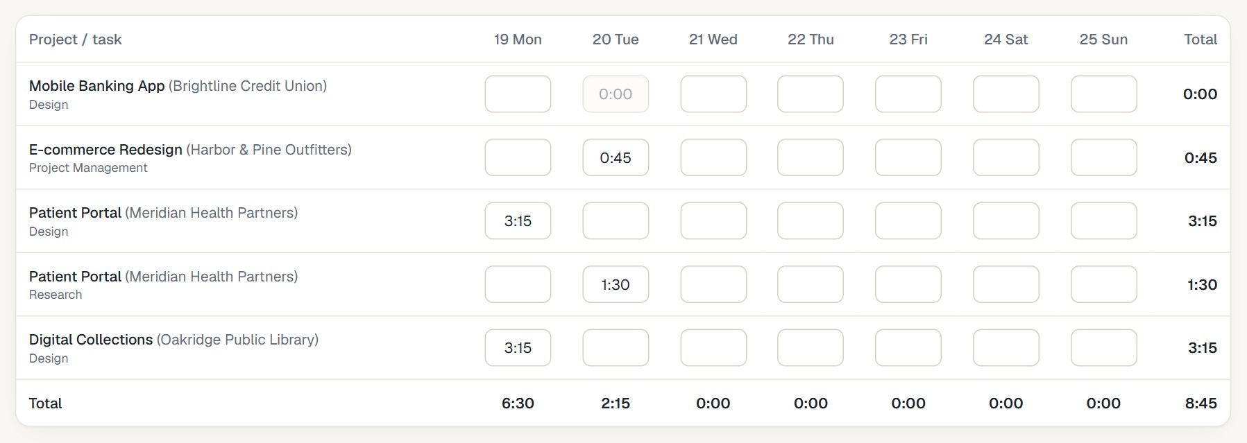 Weekly timesheet grid