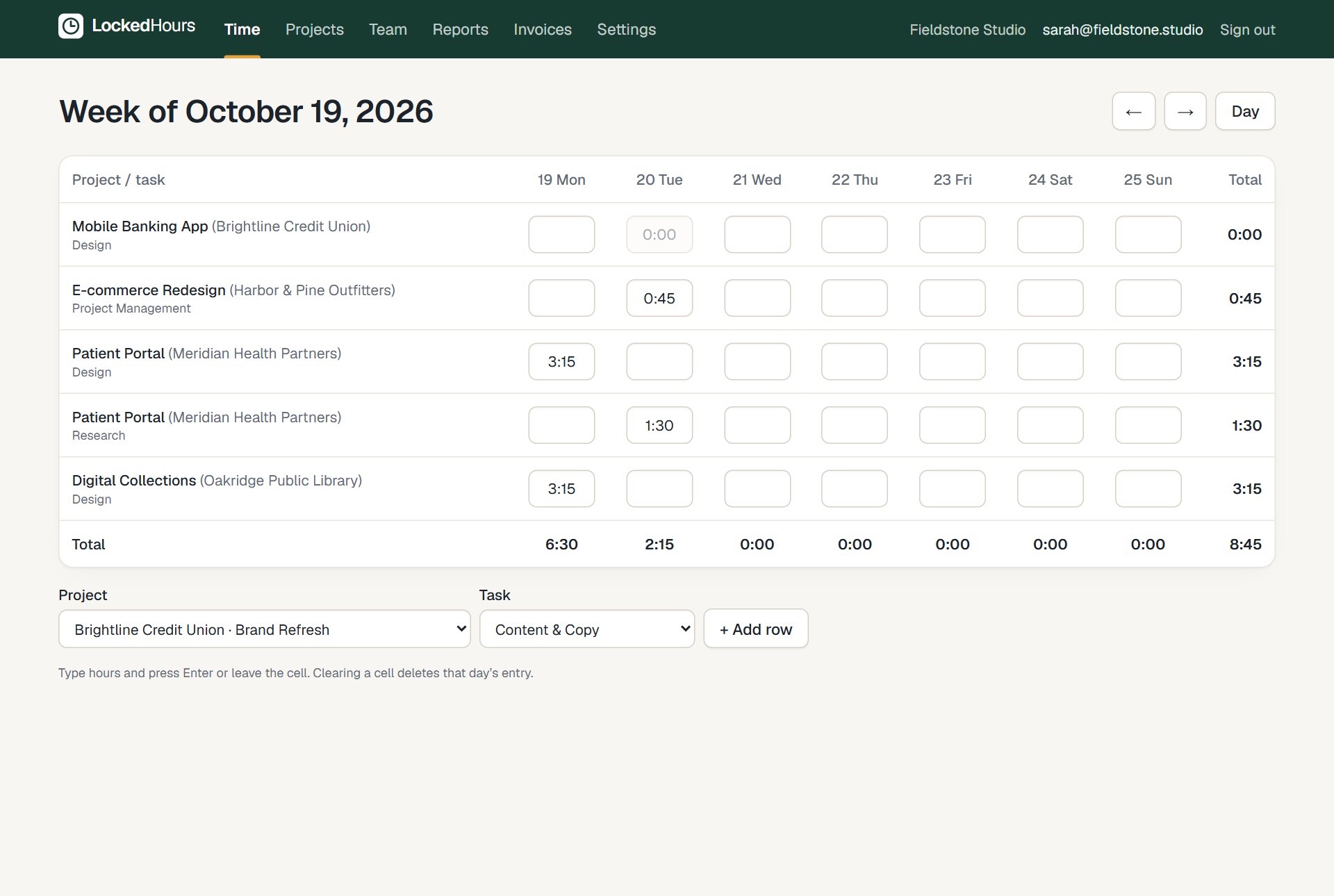 The weekly timesheet grid for one person